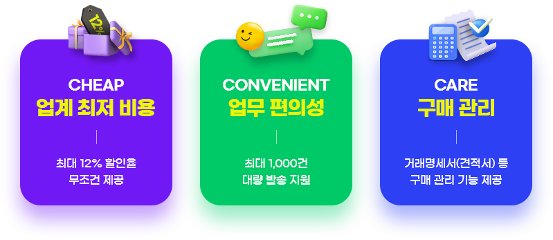 cheap, 업계 최저 비용 최대 12% 할인율 무조건 제공, convenient 업무 편의성 최대 1,000건 대량 발송 지원, care 구매 관리 거래명세서(견적서) 등 구매 관리 기능 제공